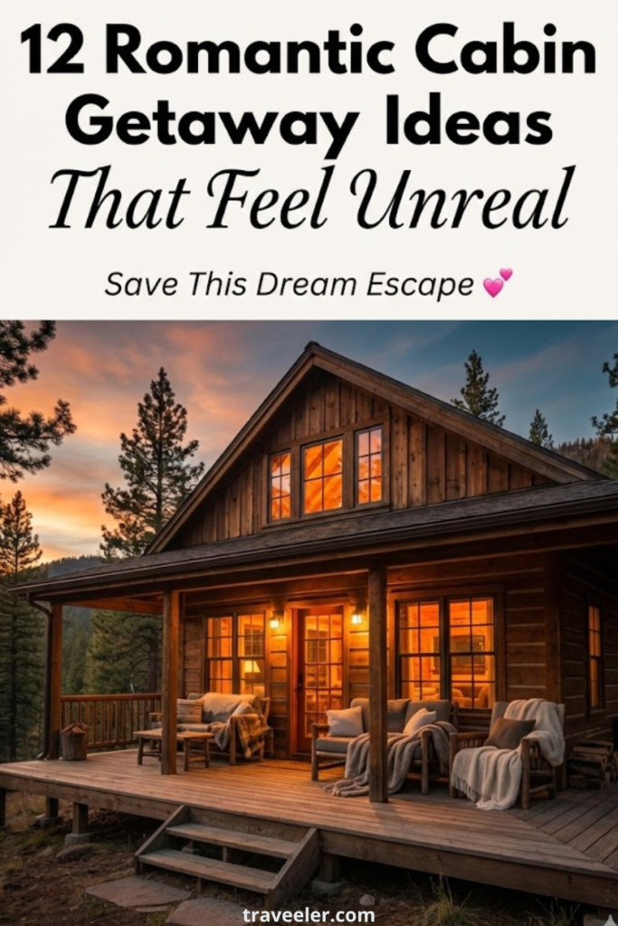 Cozy wooden cabin in the mountains at sunset with glowing windows, warm porch lights, blankets on outdoor chairs, and pine trees in the background, featuring text overlay “12 Romantic Cabin Getaway Ideas That Feel Unreal – Save This Dream Escape”.