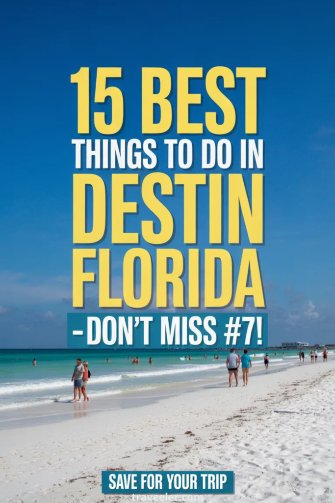 People walking along the white sand beach in Destin, Florida with turquoise water under a blue sky, overlaid with bold text reading “15 Best Things to Do in Destin Florida – Don’t Miss #7! Save for Your Trip.”