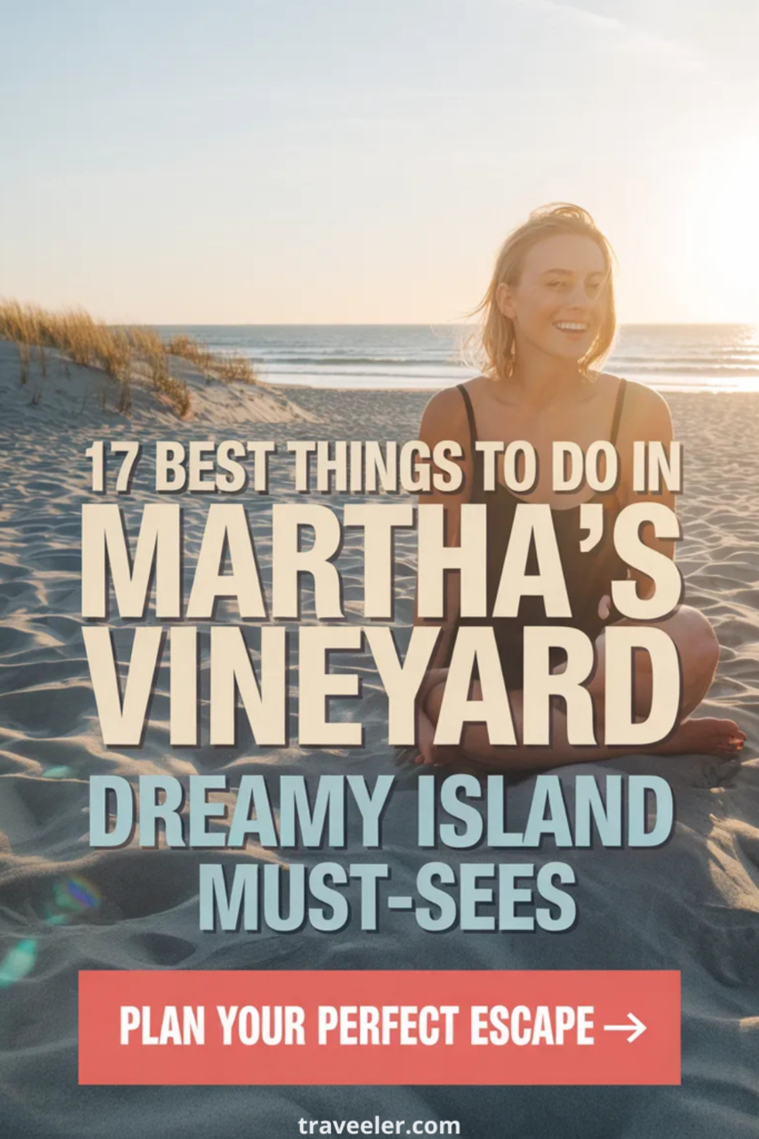Woman sitting on a sandy beach at sunset in Martha’s Vineyard with text overlay reading “17 Best Things to Do in Martha’s Vineyard – Dreamy Island Must-Sees” and a call-to-action button saying “Plan Your Perfect Escape.”