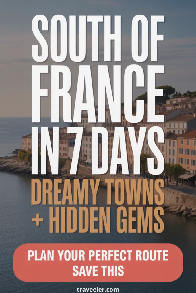 Pinterest pin featuring a coastal town in the South of France with pastel buildings along the water. Large bold text reads “South of France in 7 Days – Dreamy Towns + Hidden Gems” with a call-to-action button that says “Plan Your Perfect Route – Save This” and the website traveeler.com at the bottom.