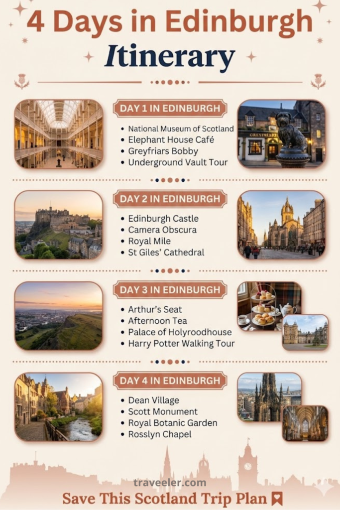 Vertical Pinterest infographic titled “4 Days in Edinburgh Itinerary” in warm beige, terracotta, and navy colors. The layout is divided into four sections labeled Day 1 through Day 4 in Edinburgh, each with rounded photos and bullet-point lists of attractions. Highlights include National Museum of Scotland, Elephant House Café, Greyfriars Bobby, Underground Vault Tour, Edinburgh Castle, Royal Mile, St Giles’ Cathedral, Arthur’s Seat, Palace of Holyroodhouse, Dean Village, Scott Monument, Royal Botanic Garden, and Rosslyn Chapel. The design features golden-hour city photos, dotted decorative dividers, and an Edinburgh skyline silhouette at the bottom with the call to action “Save This Scotland Trip Plan” and traveeler.com branding.