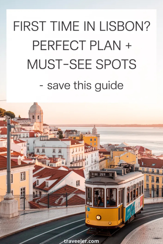 Iconic yellow Lisbon tram riding through Alfama with red rooftops and river view, travel guide text on top.