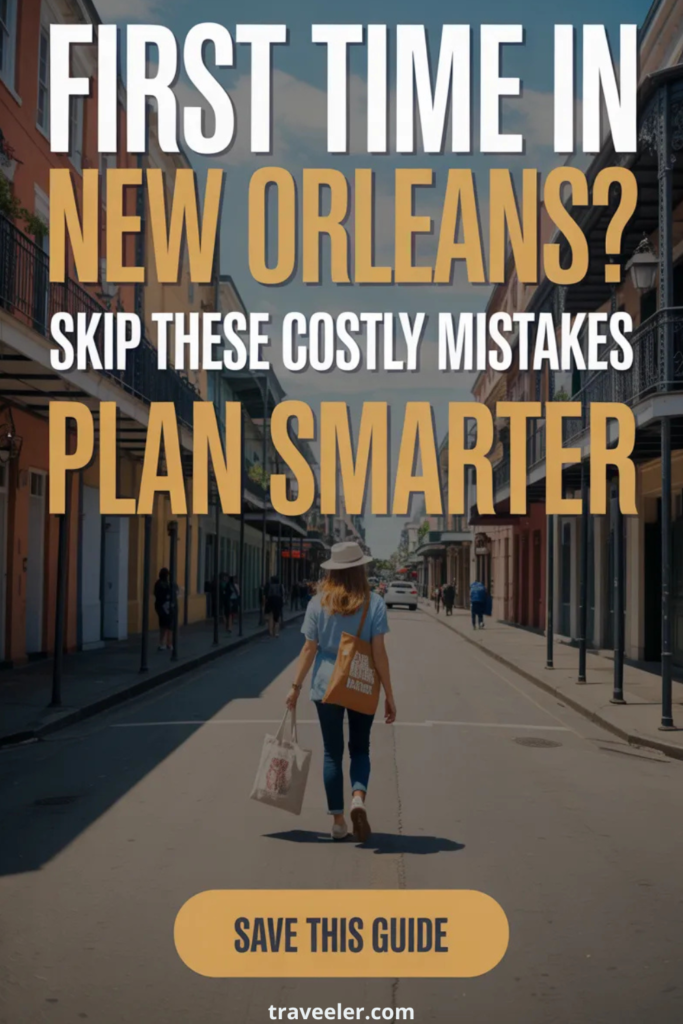 graphic showing a woman walking down a colorful French Quarter street in New Orleans. Large bold text reads “First Time in New Orleans? Skip These Costly Mistakes – Plan Smarter” with a “Save This Guide” button at the bottom and traveeler.com branding.