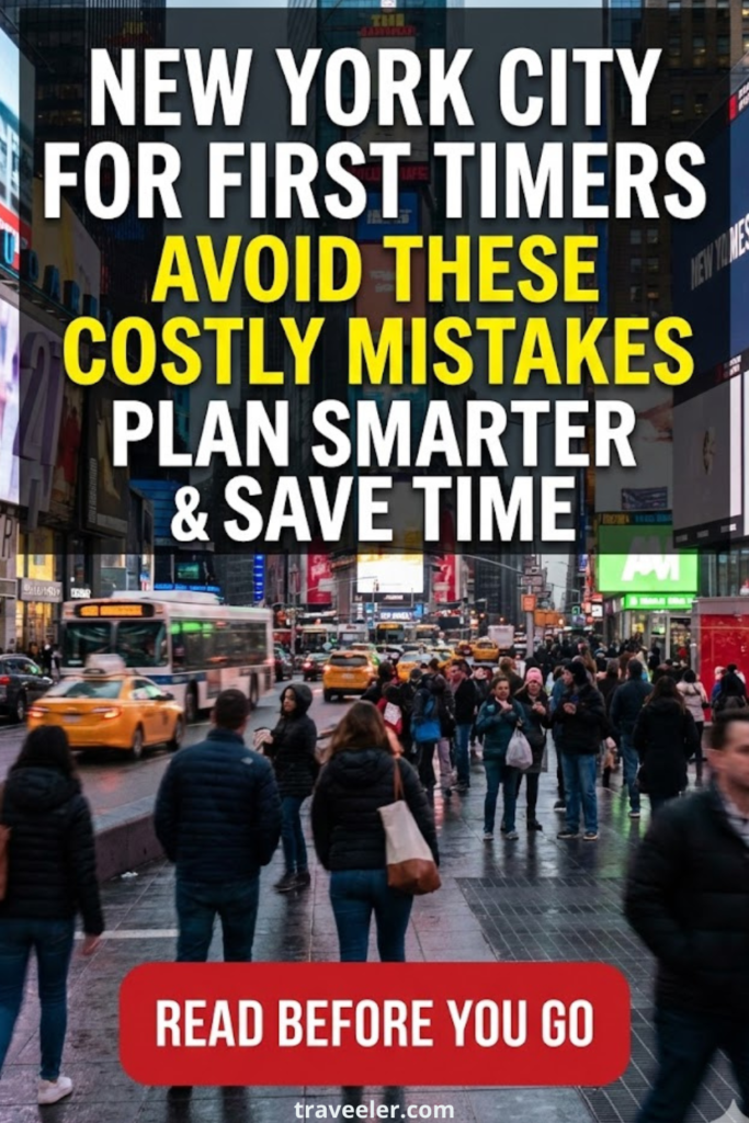busy Times Square street scene in New York City with bold overlay text reading “New York City for First Timers – Avoid These Costly Mistakes – Plan Smarter & Save Time” and a red button that says “Read Before You Go