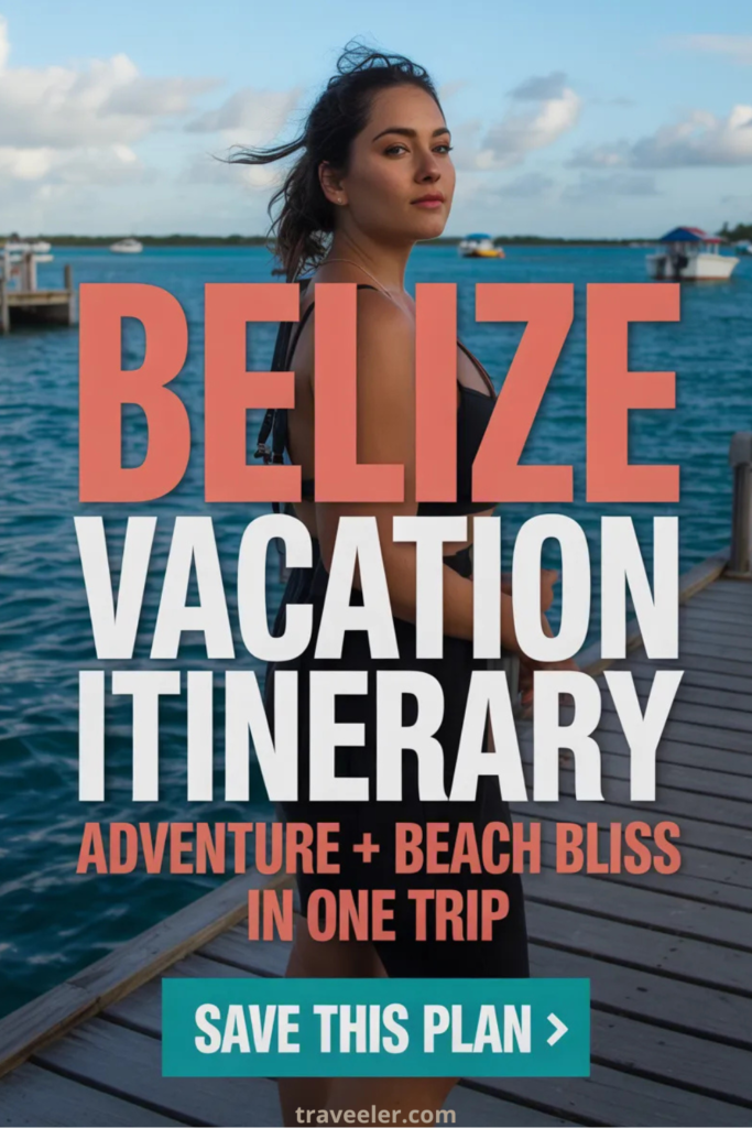 Pinterest pin featuring a woman standing on a dock in Belize with turquoise ocean water, overlaid text reads “Belize Vacation Itinerary – Adventure + Beach Bliss in One Trip” and a “Save This Plan” call-to-action button.