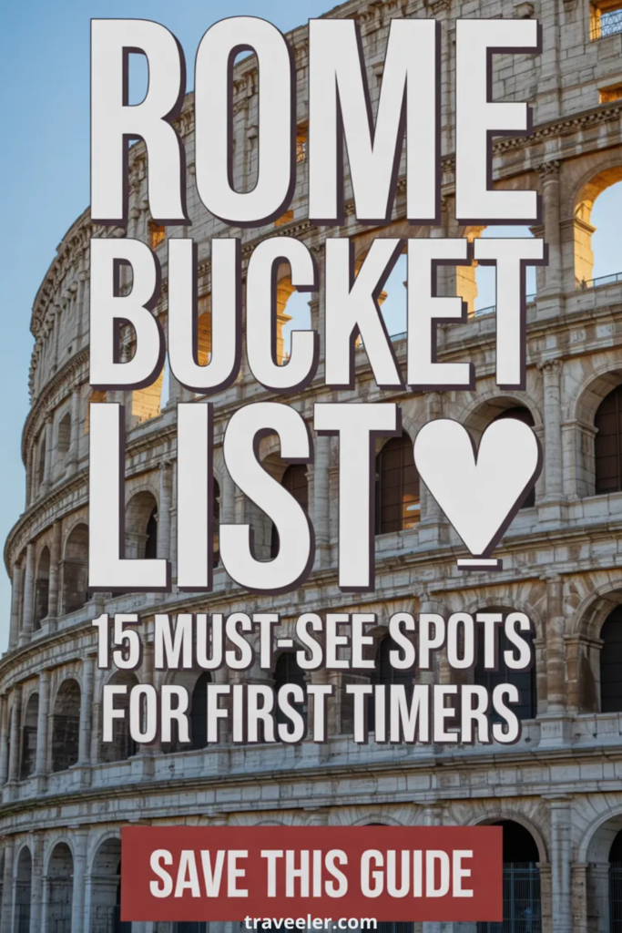 Colosseum in Rome Italy at sunset with text overlay “Rome Bucket List – 15 Must-See Spots for First Timers,” a travel guide about What to See in Rome Italy featuring top attractions, Rome trip itinerary ideas, and things to do in Rome Italy for first-time visitors.