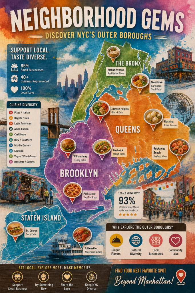 Neighborhood exploration visual for 'Neighborhood Gems' section, presenting a stylized map of New York's outer boroughs with